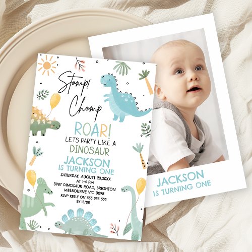 Blue Green Cute Photo Dinosaur Themed Birthday  Invitation