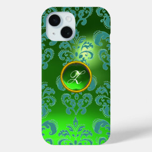 BLUE GREEN DAMASK EMERALD GEMSTONE MONOGRAM iPhone 15 CASE