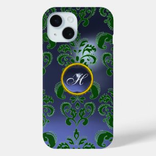 BLUE GREEN DAMASK GEMSTONE MONOGRAM Floral iPhone 15 Case
