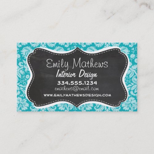Blue-Green Damask Pattern; Retro Chalkboard Business Card Templates