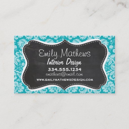 Customizable Blue-Green Damask Pattern; Retro Chalkboard Business Card Templates