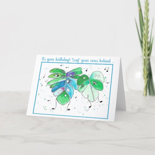 Blue Green Dancing Leaves Birthday Card