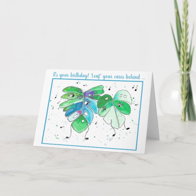 Blue Green Dancing Leaves Birthday Card (Front)
