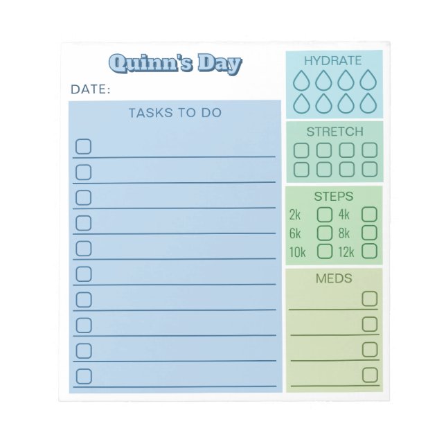 Blue Green Day Tracker Tasks Steps Meds Notepad (Front)