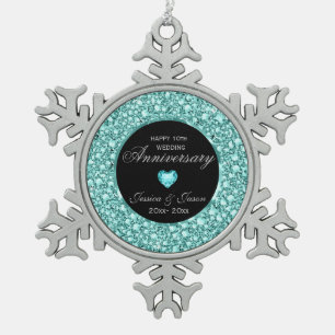 Blue-Green Diamonds Glitter 10th Anniversary Snowflake Pewter Christmas Ornament