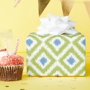 Blue Green Diamonds Ikat Pattern Wrapping Paper