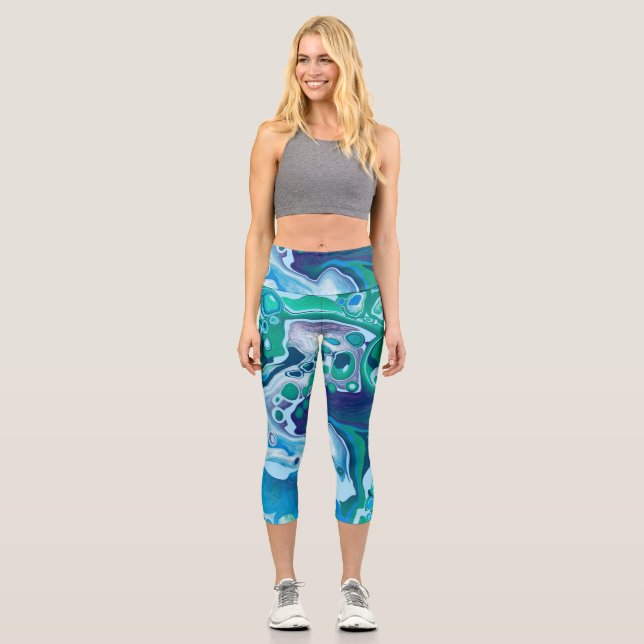 Blue Green Digital Marble Fluid Art   Capri Leggings (Front)