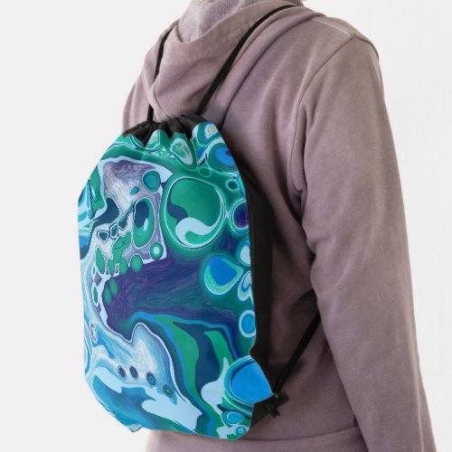 Blue Green Digital Marble Fluid Art   Drawstring Bag