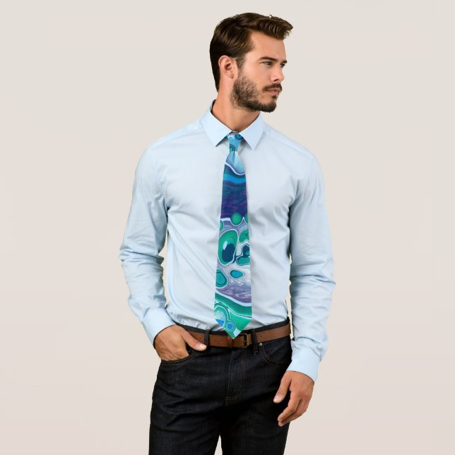 Blue Green Digital Marble Fluid Art   Neck Tie (In Situ)