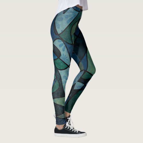 Blue Green Digital Stained Glass Unique Abstract Leggings