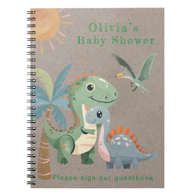 Blue Green Dinosaur Boy Baby Shower Guestbook Notebook (Front)