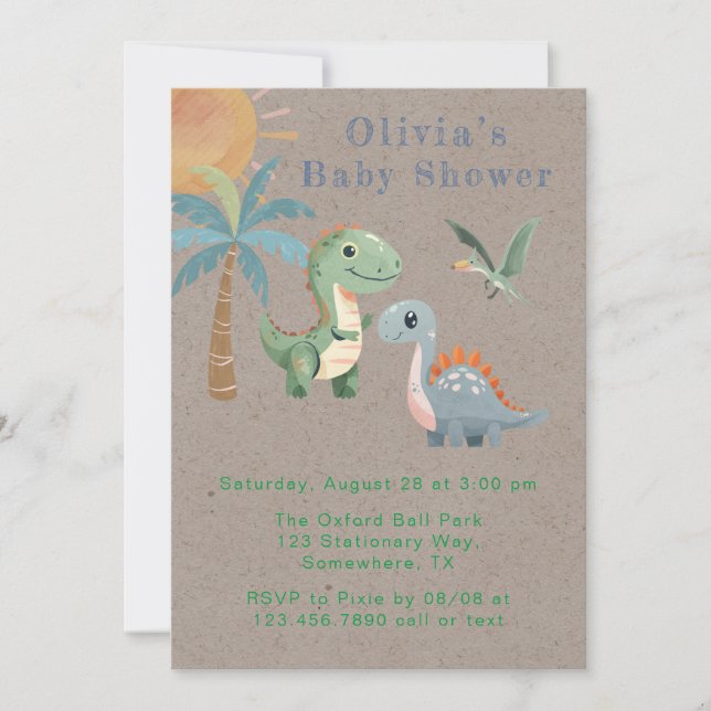 Blue Green Dinosaur Boy Baby Shower  Invitation (Front)