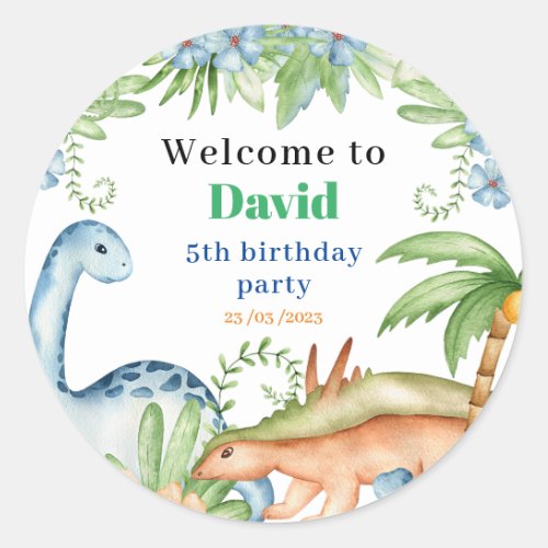 Blue  Green Dinosaur floral birthday party  Classic Round Sticker
