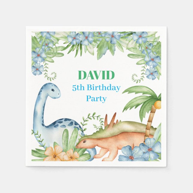 Blue & Green Dinosaur floral birthday party  Napkins (Front)