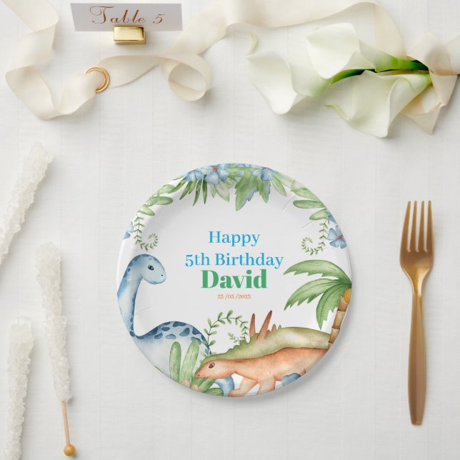 Blue & Green Dinosaur floral birthday party   Paper Plates (Wedding)