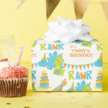 Blue Green Dinosaur Party Kids Birthday Wrapping Paper<br><div class="desc">This Happy Birthday gift wrap paper has a fun pattern of green and blue dinosaurs celebrating a birthday party. Each of them wears a party hat, and one of them carries a gift package. Beside the images is another party hat and a matching birthday cake. Above the images is the...</div>