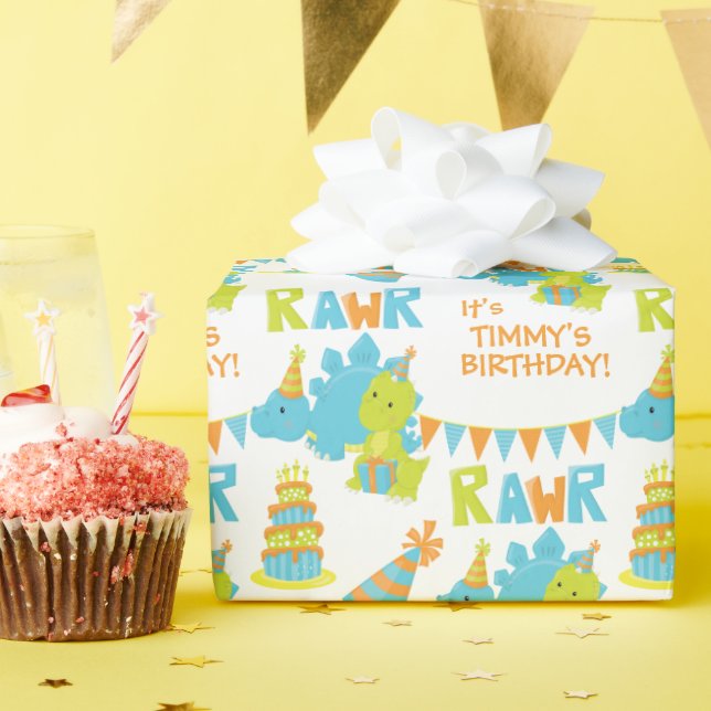 Blue Green Dinosaur Party Kids Birthday Wrapping Paper (Birthday Party)