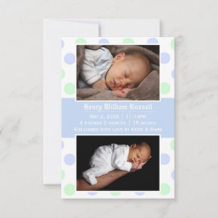 Blue & Green Dots 2 Photos -3x5 Birth Announcement