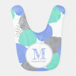Blue Green Dots and Spots Modern Abstract Monogram Baby Bib