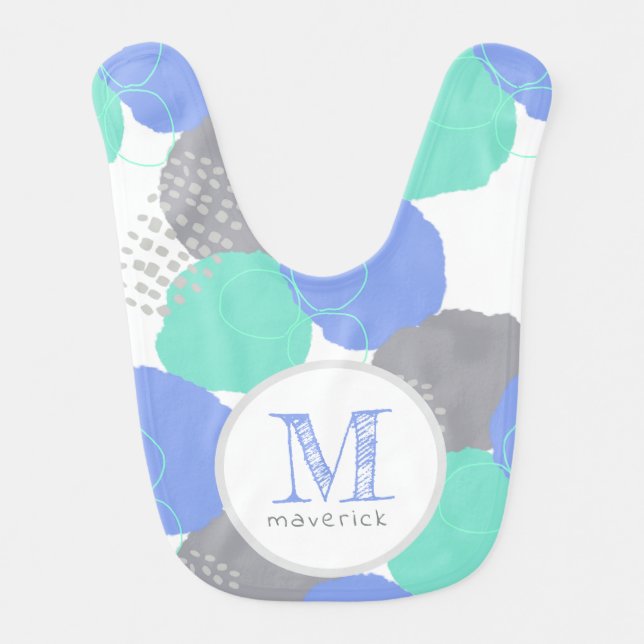 Blue Green Dots and Spots Modern Abstract Monogram Baby Bib (Front)