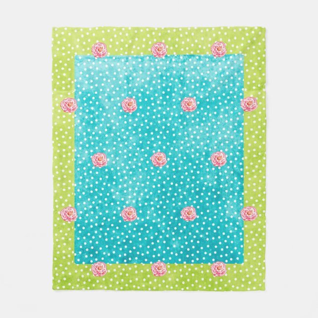 Blue Green Dots Pink Roses Fleece Blanket, Medium (Front)