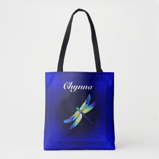 Blue & Green Dragonfly on Blue Geometric Squares Tote Bag (Front)