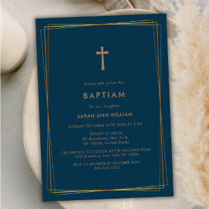 Blue Green Elegant Gold Typography Cross Baptism Invitation