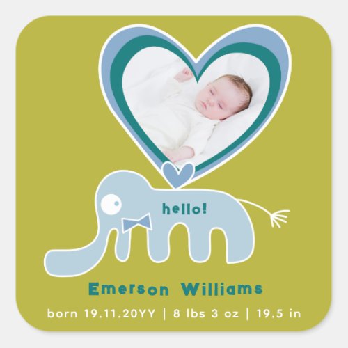 Blue Green Elephant Baby Boy Birth Announcement Square Sticker