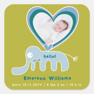 Blue Green Elephant Baby Boy Birth Announcement Square Sticker