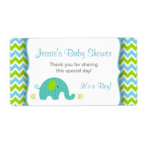 Blue & Green Elephant Water Bottle Favor Labels