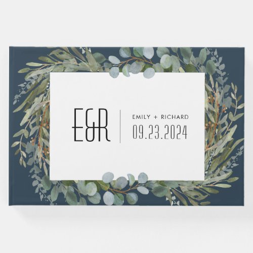 Blue Green Eucalyptus Frame Black on White Guest Book