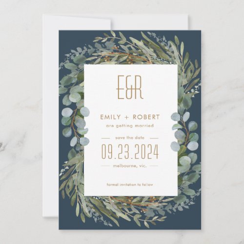 Blue Green Eucalyptus Frame Gold on White Save The Date