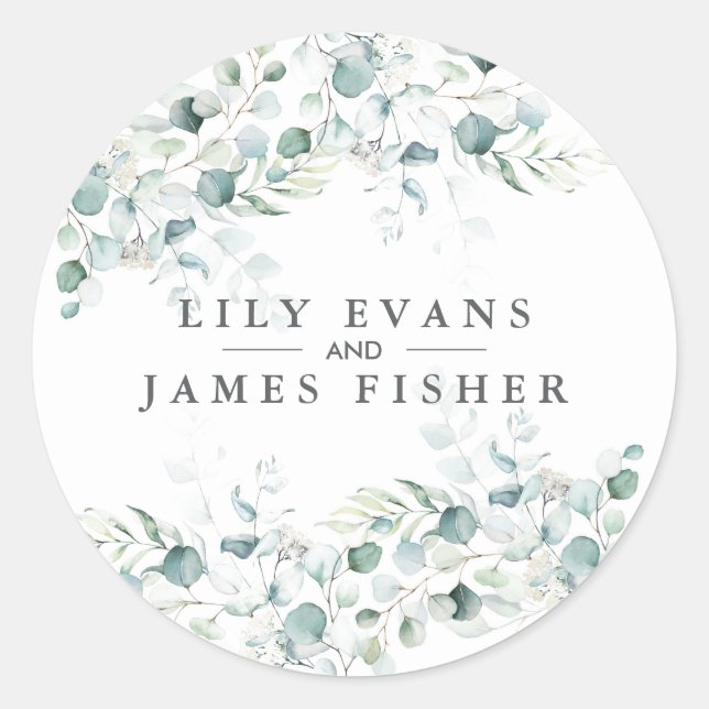 Blue Green Eucalyptus Leaves Wedding Favor Sticker (Front)