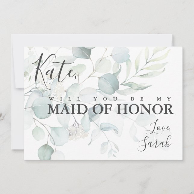 Blue Green Eucalyptus Maid of Honor Proposal Card (Front)