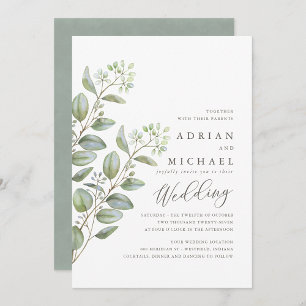 Blue Green Eucalyptus Simple Fall Wedding Invitation