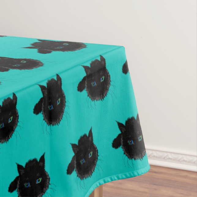 Blue Green Eyed Black Cat Tablecloth (In Situ)