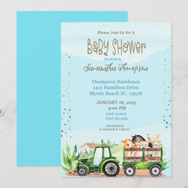 Blue Green Farm Tractor Boys Baby Shower   Invitation (Front/Back)