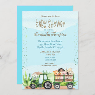 Blue Green Farm Tractor Boys Baby Shower Invitation