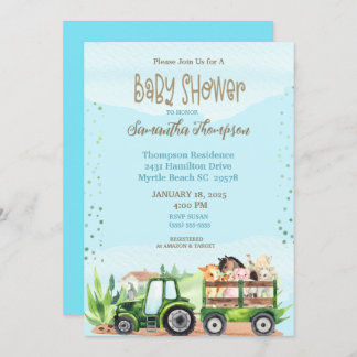 Blue Green Farm Tractor Boys Baby Shower   Invitation