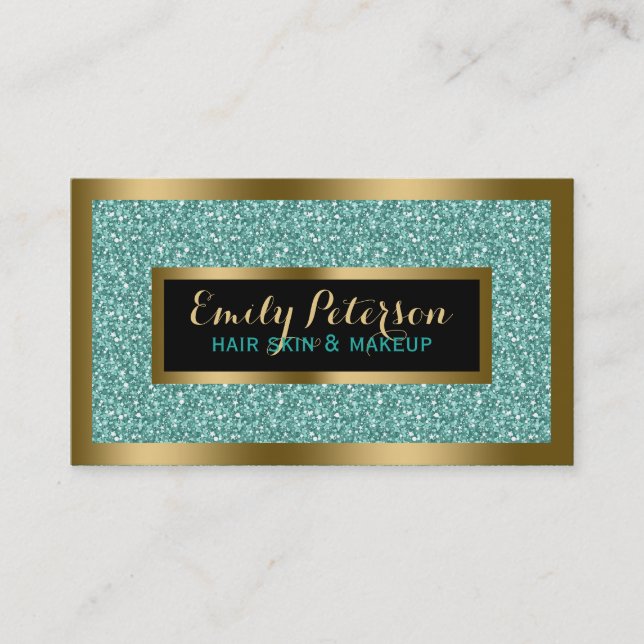 Blue-Green Faux Glitter Gold Accents  Business Card (Front)