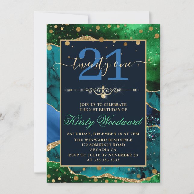 Blue & Green & Faux Gold Glitter Agate Birthday Invitation (Front)