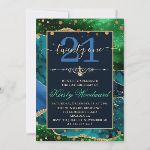 Blue  Green  Faux Gold Glitter Agate Birthday Invitation