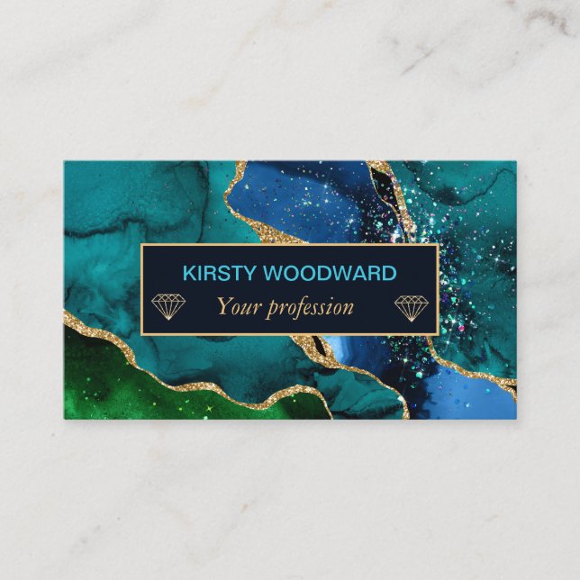 Blue & Green & Faux Gold Glitter Agate Business Card (Front)