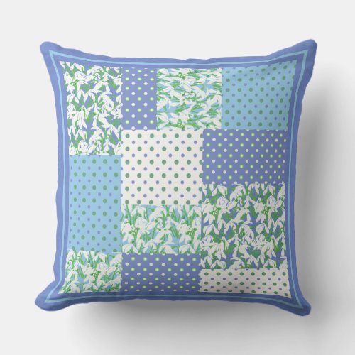 Blue Green Faux Patchwork Snowdrops and Polkas Throw Pillow
