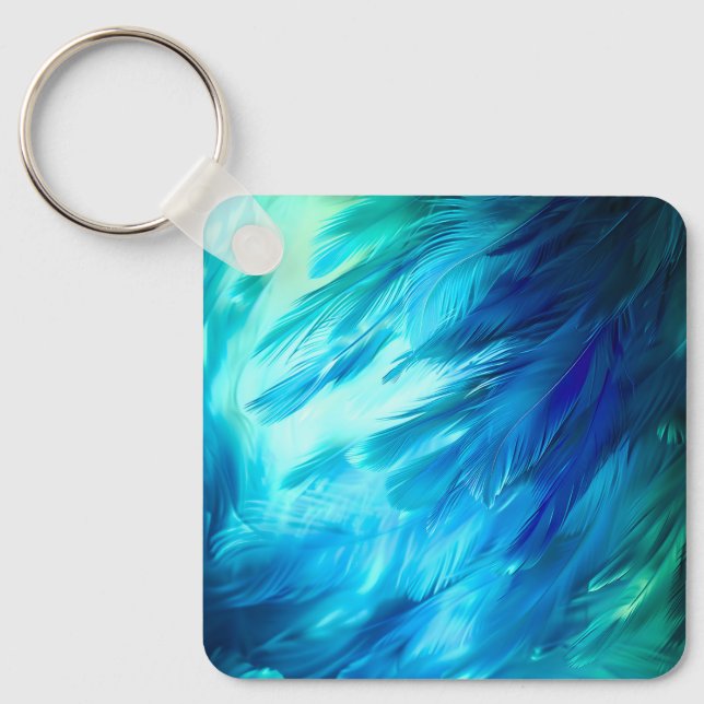 Blue Green Feather Abstract Keychain (Front)