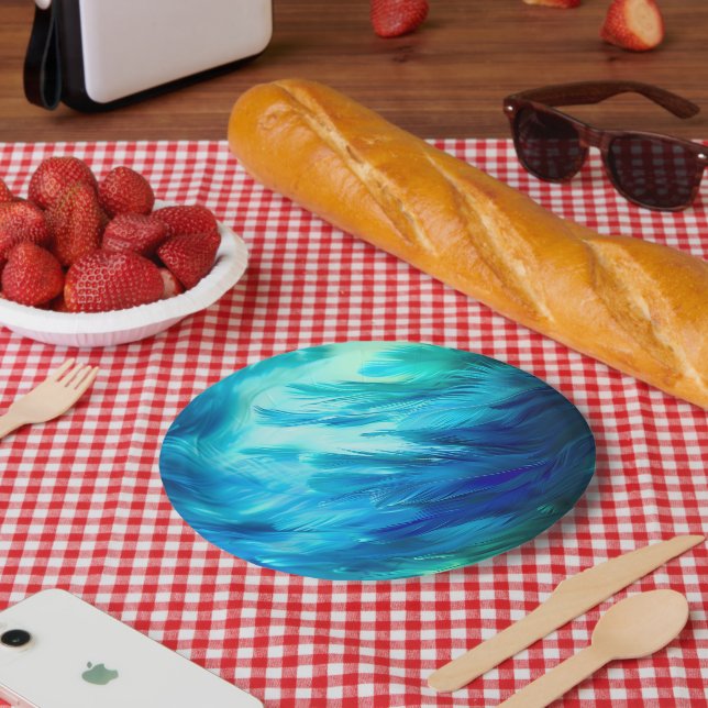 Blue Green Feather Abstract Paper Plates (Picnic)