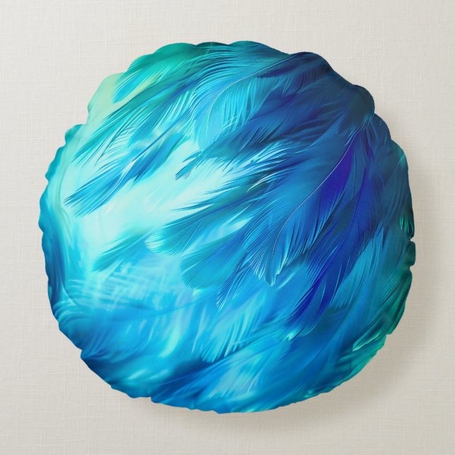 Blue Green Feather Abstract Round Pillow (Front)