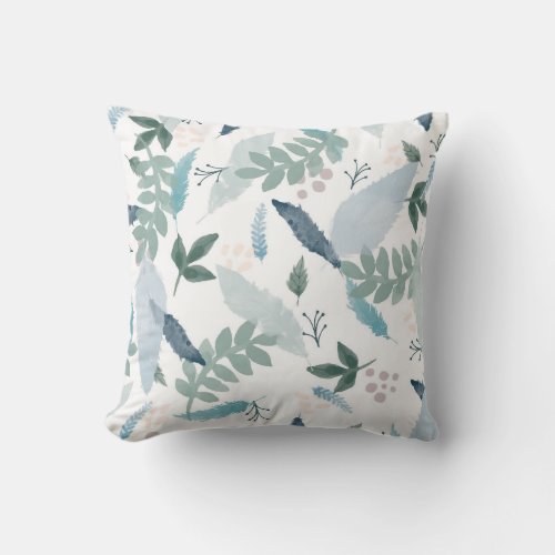 Blue Green Feather Leaves Pattern Throw Pillow