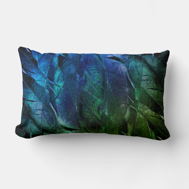 Blue & Green Feathers Lumbar Pillow (Front)
