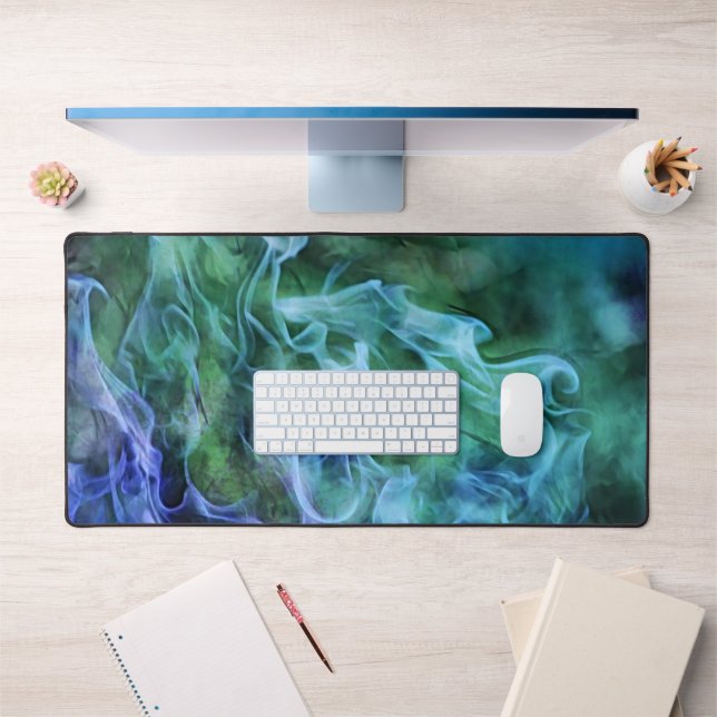 Blue Green Fire Smoke and Flames Art Desk Mat Pad (Office 1)